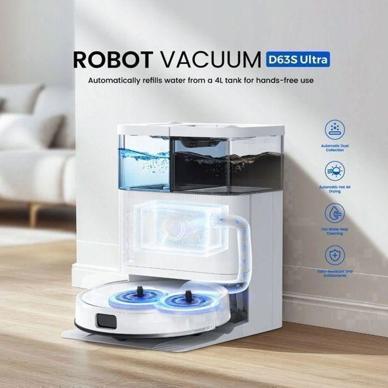 Saugwischroboter TEENDOW D63S Ultra in Weiß mit 10000Pa Saugkraft, 4L Tankkapazität, 160 Min. Akkulaufzeit, automatischer Entleerung, Heißwasserreinigung und Heißlufttrocknung - Bild 2