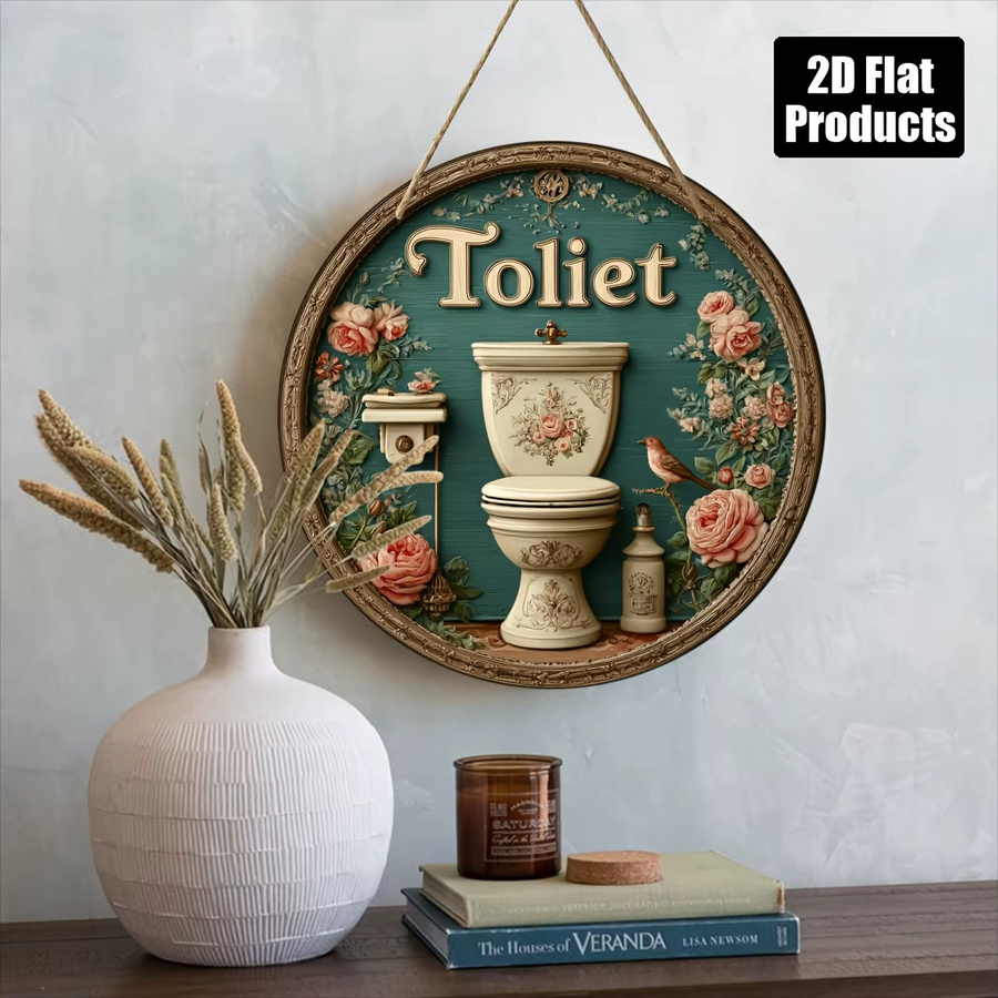 CIFBUY Retro Holz-Toilettenschild in Blumenform als runde Hängedekoration, Mehrfarbig - Bild 2