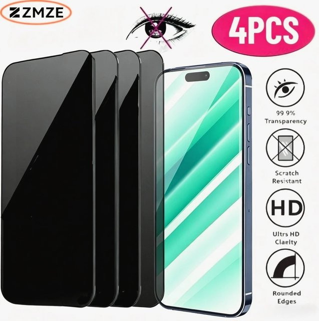 SnakeGlass 4er-Set Anti-Spionage Vollbild-Displayschutzfolie aus gehärtetem Glas für iPhone 17, 16, 15, 14, 13, 12 und 11 Pro Max Air/e Modelle in Transparent - Bild 1