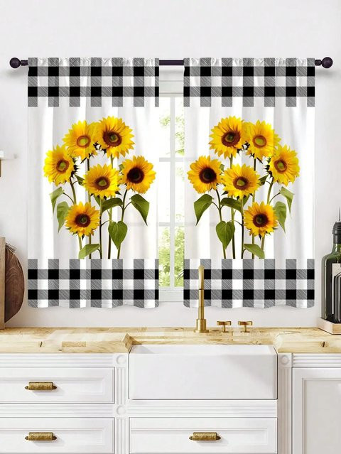 2er-Set Dekorative Küchengardinen mit Sonnenblumen-Print in Gelb, Semi-Transparent, Polyester - Bild 1