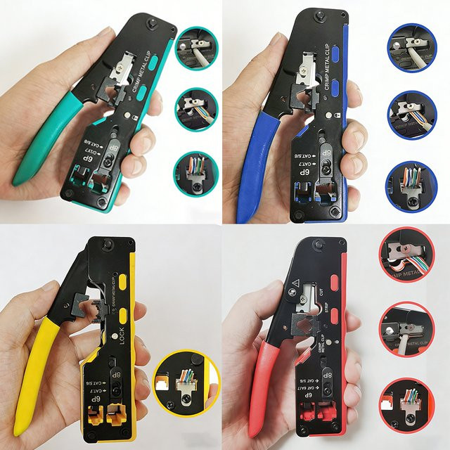 WOZOBUY RJ45 Pass Through Crimper All-in-One Ethernet Drahtwerkzeug mit Crimp Tool, Stripper und Cutter für Cat6a, Cat6, Cat5, Farbe: Silber - Bild 1