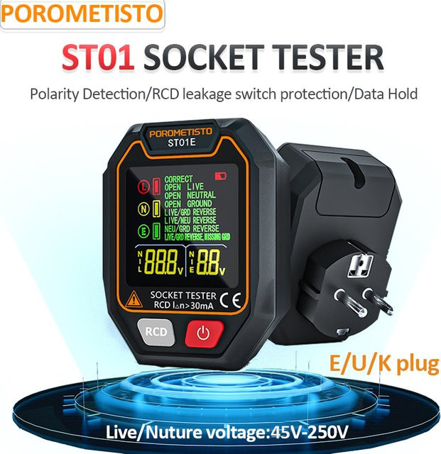POROMETISTO ST01 Digitaler Steckdosentester mit Farbbildschirm in Schwarz, Schaltungsprüfer und RCD-Steckdosendetektor mit Data Hold und Polaritätstester (UK/EU/US) - Bild 1