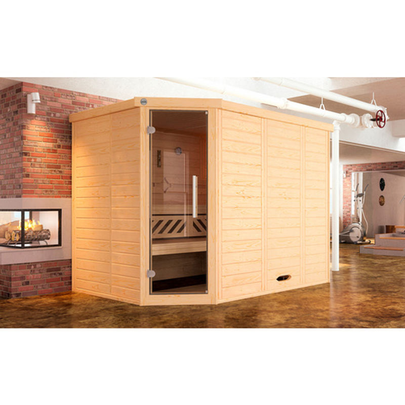 WEKA Massivholzelementsauna Kemi Eck 2 in Braun mit 9 kW Ofen und integrierter Steuerung für 4 Personen - Bild 2