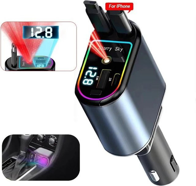 Meiteai-Car&Motor 4-in-1 Autoladegerät 120 W mit PD und USB-Schnellladung, 2 einziehbaren Kabeln sowie Sternenhimmel-Atmosphärenlampe, Schwarz - Bild 1