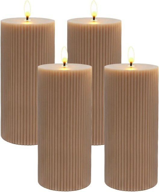 Relaxdays LED Echtwachs Stumpenkerzen 4er Set Mocha Mousse Beige mit Flackerndem Effekt und Rillen-Design, Höhe: 18 cm - Bild 1
