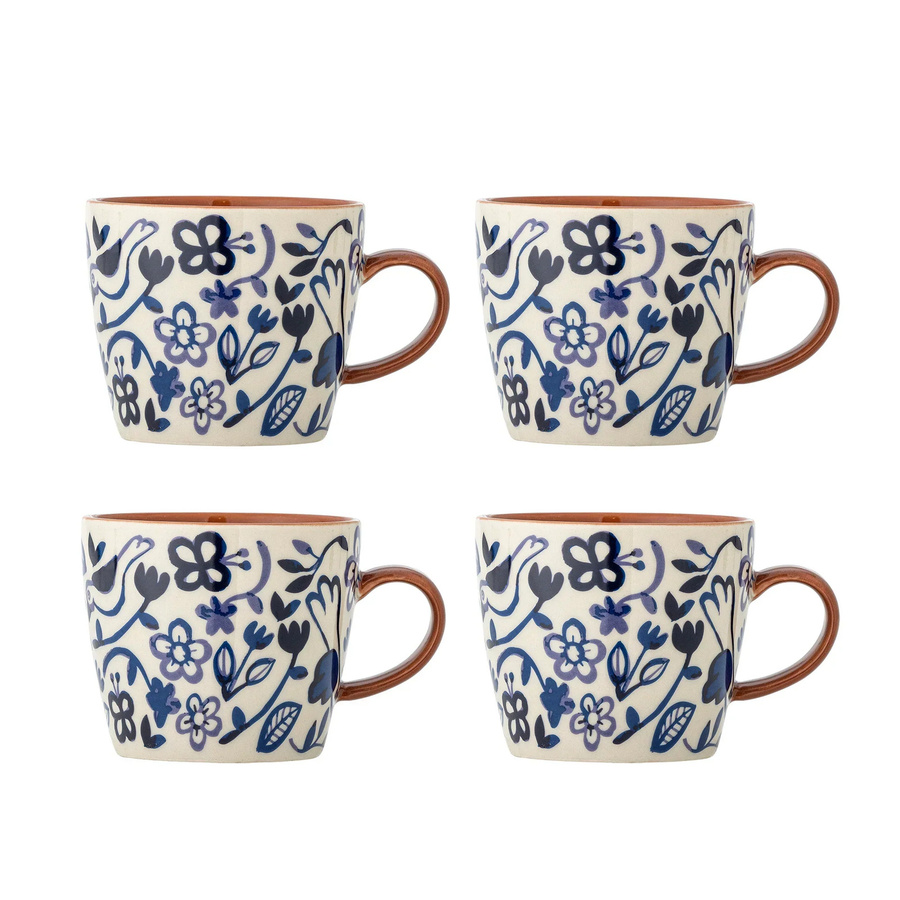 Bloomingville Figuria Steingutbecher 4er Set in Beige, Blau und Braun mit floralem Design, 300 ml - Bild 1