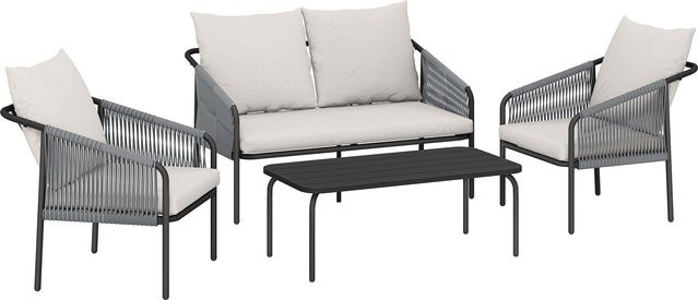 Outsunny Gartenmöbel Set 4-teilig Polyrattan Lounge-Set in Khaki mit Zweisitzer, 2 Sesseln und abnehmbarem Couchtisch sowie Kissen und Stahlrahmen - Bild 1