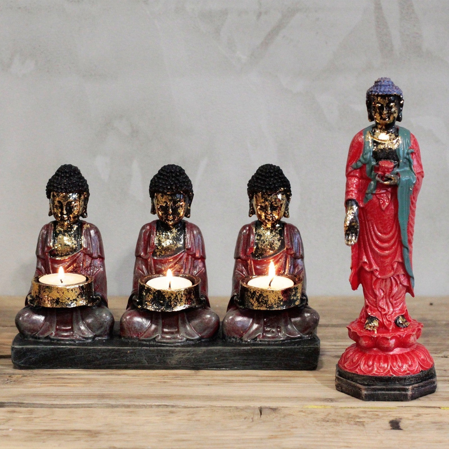 SHAMTAM Buddha Kerzenhalter Antik für Teelicht in Gold, Schwarz und Rot - Bild 2