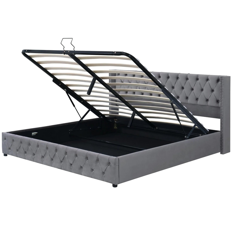 okwish Polsterbett im Chesterfield-Design mit Hydraulik-Lift und Kopfteil, Grau, B/T/H: 160 x 200 x 104,5 cm (ca.) - Bild 2