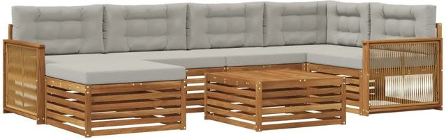 vidaXL Outdoor-Sofagarnitur L-Form aus Akazienholz mit 7 Kissen in Natur und Hellgrau - Bild 1