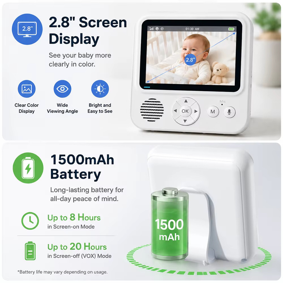 Zysecurity Babyphone mit 2,8-Zoll-Display, Nachtsicht, 2-Wege-Audio, Temperaturanzeige und Akku in Weiß - Bild 4