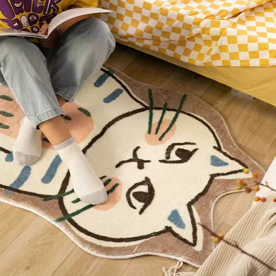 VIKAMA Druckteppich in Weiß mit niedlichem Katzenmotiv in unregelmäßiger Form für Schlafzimmer und Kinderzimmer - Bild 2