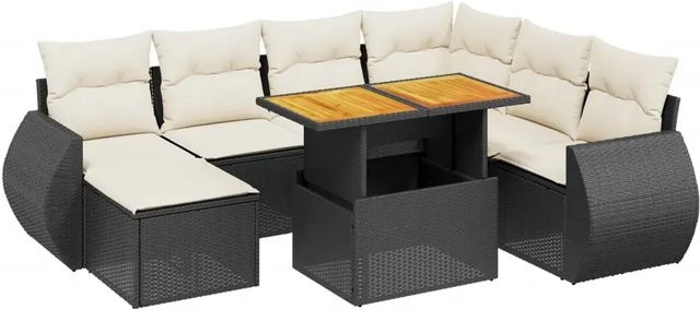 vidaXL 8-tlg. Garten-Sofagarnitur in L-Form aus Polyrattan mit Kissen und Couchtisch, Schwarz - Bild 1