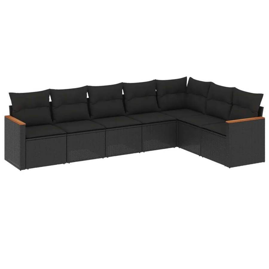 vidaXL 7-teilige Garten-Sofagarnitur in L-Form aus Poly-Rattan und Akazienholz mit Kissen in Schwarz - Bild 2
