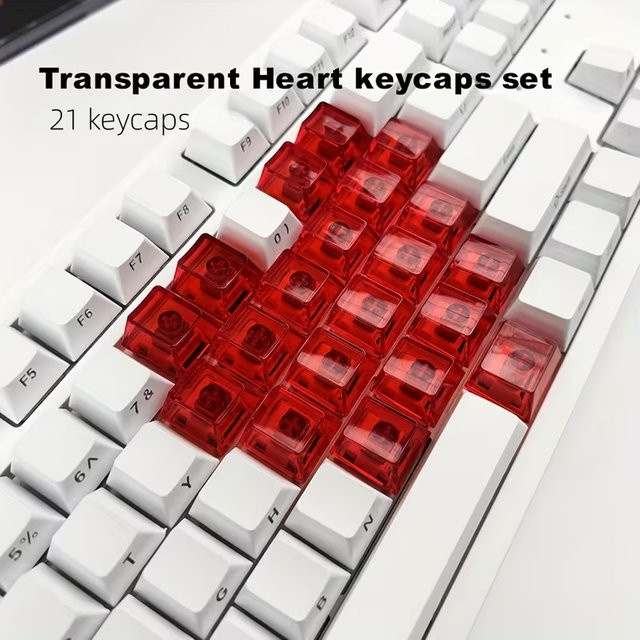 MovingMic 21 Stück transparente Tastenkappen Sweet Heart Design in Rot, Kirschprofil aus PC-Material für mechanische Tastaturen mit MX Switches - Bild 1