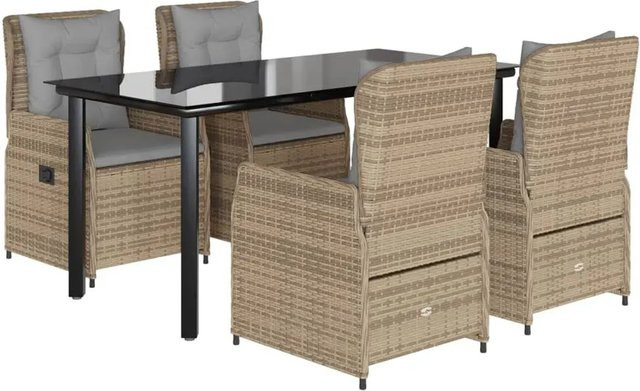 vidaXL 5-teilige Garten-Essgruppe aus Poly Rattan mit Kissen in Beige und Tisch mit gehärtetem Glas - Bild 1