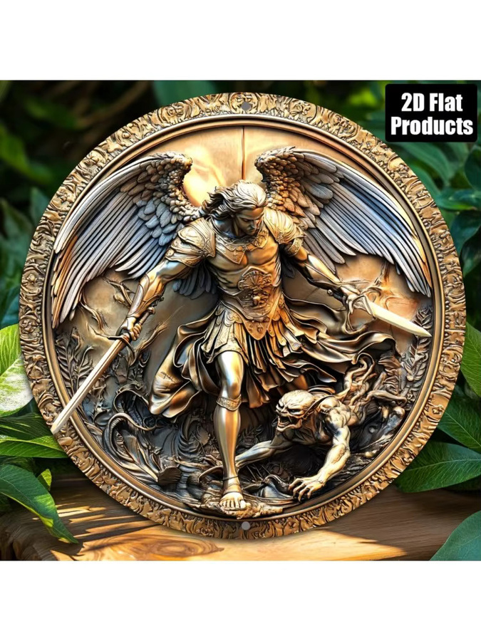 Rundes Aluminium-Metallschild Angel Warrior von Hello Young in Gold, Durchmesser: 20,3 cm, Wanddekoration für Zuhause, Bar oder Büro - Bild 5