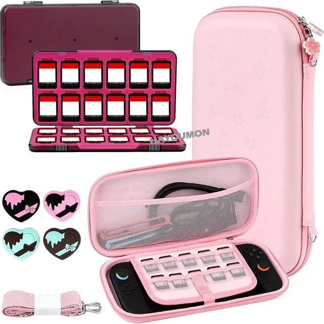 Ispoofer 2-in-1 Hartschalen-Tragetasche aus PU-Leder für Nintendo Switch in Pink mit Thumbstick-Griffabdeckung und 24-in-1 Spielkartenetui-Zubehör - Bild 1