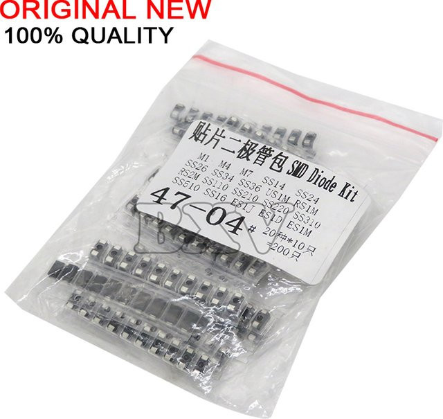 SMD-Dioden-Sortiment-Set BXV in Schwarz mit 20 Werten à 10 Stück (insgesamt 200 Stück) inklusive SS110 SS220 SS210 SS310 SS510 SS16 SS26 SS34 SS36 ES1J ES1D M7 M4 US1M - Bild 1