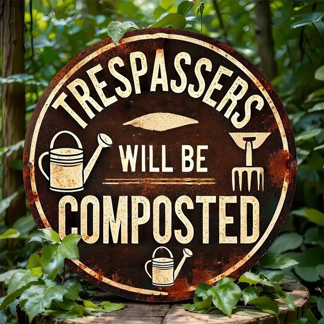Vintage Aluminiumschild Potdemiel Trespassers Will Be Composed in Braun, Durchmesser: 20 cm - Bild 1