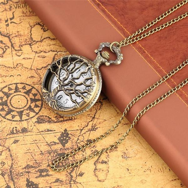 NOWVOGUE Steampunk Quarz Taschenuhr mit Lebensbaum Motiv in Bronze und Gold als Halskette für Damen und Herren - Bild 2