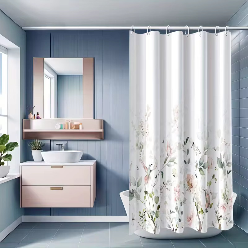 VIKAMA Duschvorhang mit Blumen- und Vogel-Motiv in Leinenstruktur im nordischen Zen-Stil, Höhe: 180 cm, Breite: 90 cm - Bild 2