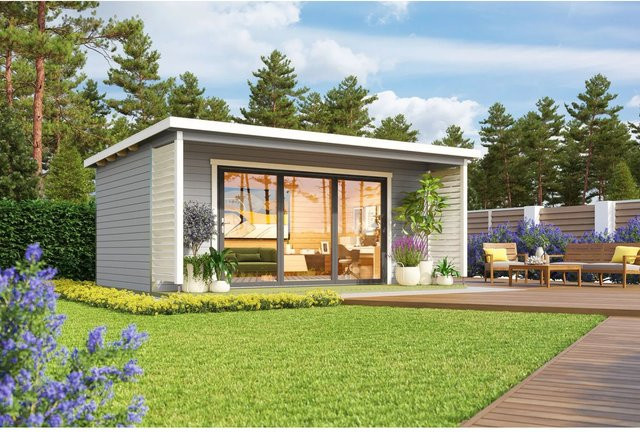 Lasita Blockbohlenhaus Liverpool Gartenhaus mit Flachdach in Lichtgrau, B/H/T: 580 x 239,4 x 430 cm - Bild 1