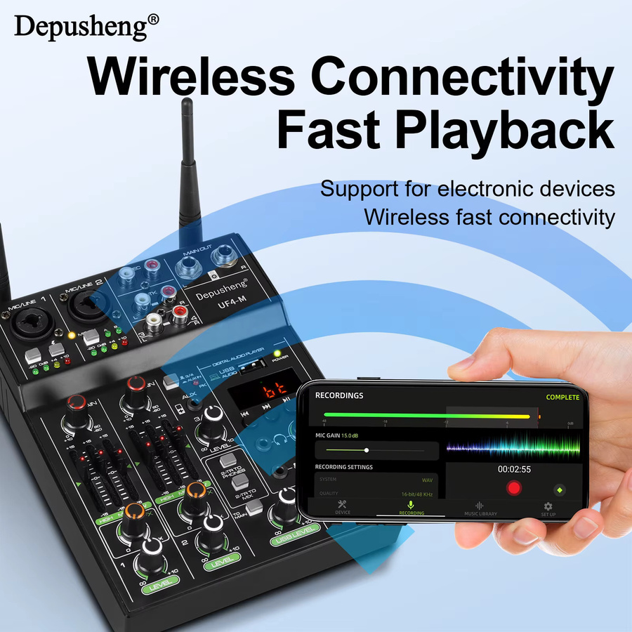 Depusheng Professioneller 4-Kanal Audio-Mixer in Schwarz mit zwei drahtlosen Mikrofonen, Bluetooth, USB-Schnittstelle und 48V Phantomspeisung für DJ-Mixing und PC-Aufnahmen - Bild 4