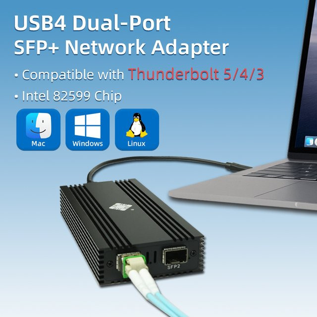 Lekuo 10G SFP+ Dual Port USB4 Netzwerkkarte mit 40 Gbit/s Ethernet, kompatibel mit Thunderbolt 5/4/3 und Intel 82599ES, Farbe: Schwarz - Bild 1