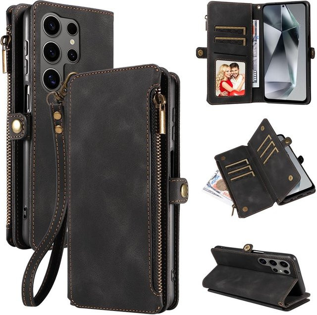 Lederhülle mit Reißverschluss und Riemen für Samsung Galaxy S26 S25 S24 S23 S22 in Schwarz mit Kartenfach und Geldtasche - Bild 1
