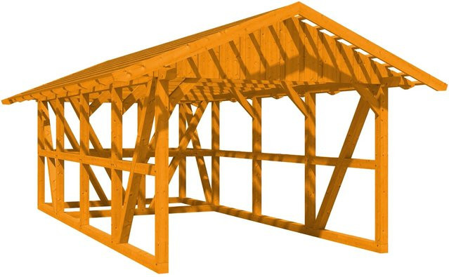 Skan Holz Carport Schwarzwald aus Fichtenholz mit Satteldach, Dachlattung und Abstellraum in Eiche Hell, B: 424 cm, T: 772 cm - Bild 1