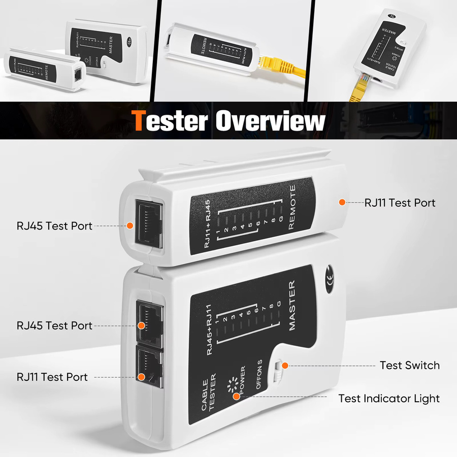 Rbefeuly Netzwerk-Werkzeugset in Blau mit RJ45-Crimpzange, 20x RJ45-Steckern Cat7/Cat6a Pass-Through, Netzwerktester, LSA-Montagewerkzeug und Abisolierzange - Bild 3