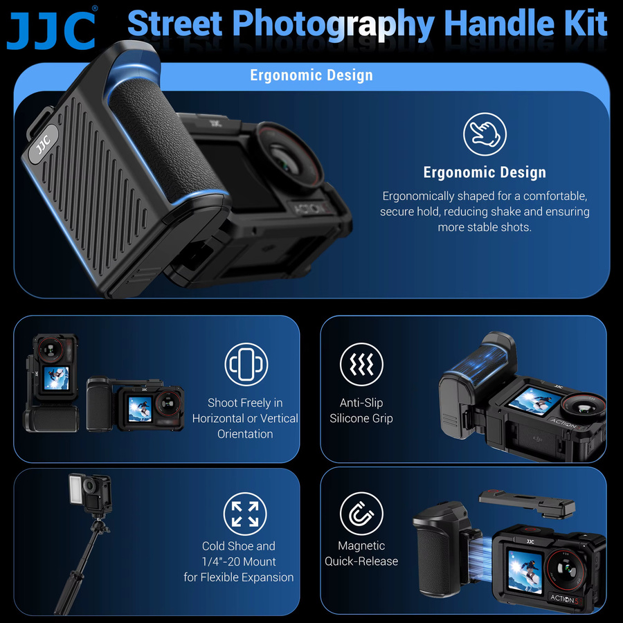 JJC Handgriff-Set für DJI Osmo Action 5 Pro, 4 und 3 in Schwarz mit Schnellverschluss-Auslöser und Metallkäfig für Straßenfotografie - Bild 4