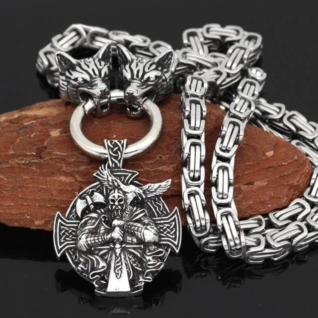 Halskette Edelstahl, Wolf Kopf und Viking Thors Hammer Anhänger, Herren, grau - Bild 1