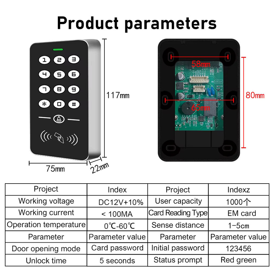 LUCKING DOOR Zutrittskontrollsystem mit 125KHz RFID-Tastatur, Regenschutzabdeckung, 10 EM-Schlüsseln, Türöffner und elektrischem Schloss - Bild 2