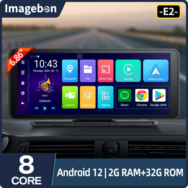Imagebon 6,86 Zoll E2 Android 12 Dashcam mit kabellosem CarPlay und Android Auto, Rückspiegelkamera mit WLAN, Schwarz - Bild 1