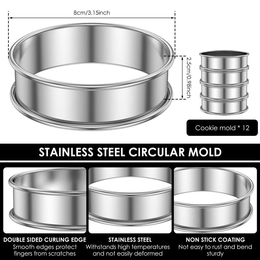 Willstar 12er Set Englische Muffinringe aus Edelstahl in Silber, Antihaftbeschichtete Crumpet-Ringe, Durchmesser: 8,0 cm, Höhe: 2,5 cm - Bild 2