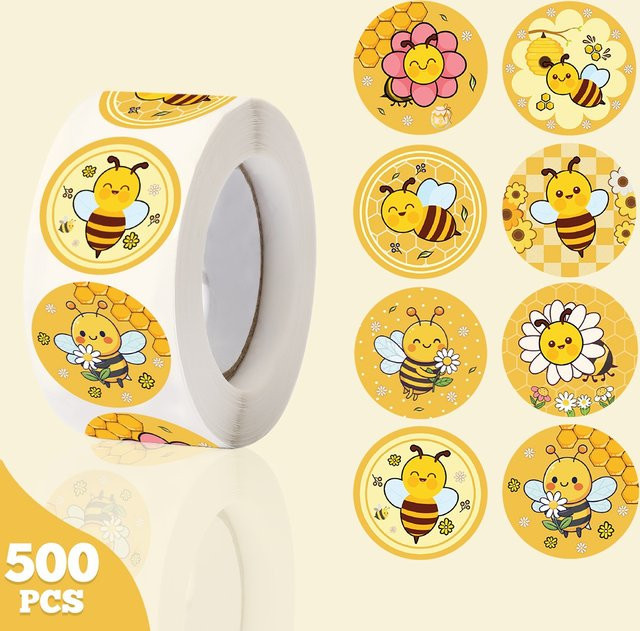 500 Stück Cartoon Kleine Bienen Runde Aufkleber in Gelb für Gepäck, Wasserflaschen, Handys und Laptops - Bild 1