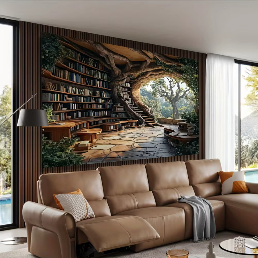VIKAMA Wandteppich Baumloch-Bücherregal in Schwarz-Weiß, dekorativer Textil-Wandteppich für dein Wohnzimmer - Bild 3