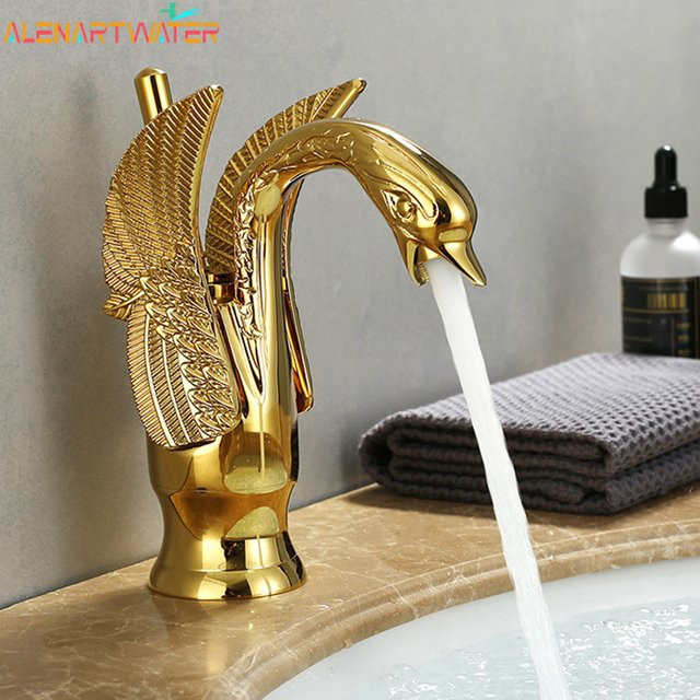 ALENARTWATER Einhebelmischer Waschbecken in Gold, Schwanenform, Deckmontage aus Messing - Bild 1