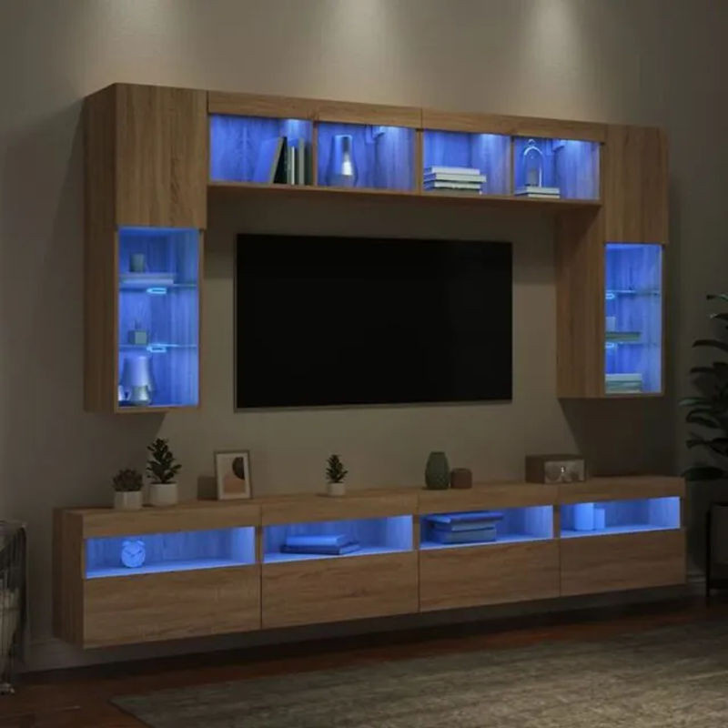 Vidaxl 8-teilige TV-Wohnwand mit LED-Leuchten in Sonoma-Eiche und Braun, moderner TV-Schrank aus Holzwerkstoff und Glas - Bild 1