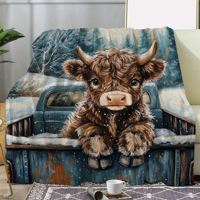 VIKAMA Kuschelige Flanell-Kniedecke mit Kuh-Motiv in Winter-Schneeszene, Mehrfarbig - Bild 1
