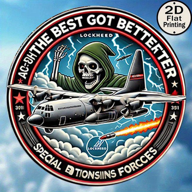 Potdemiel Vintage Metallwandschild rund mit Special Forces Abzeichen und Lockheed C-130 Hercules Design, Durchmesser: 20,32 cm - Bild 1