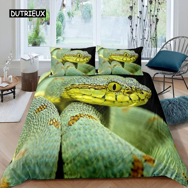 Bettwäsche-Set mit 3D-Schlangen-Design von Jinmeige in Grün, bestehend aus Bettbezug und Kissenbezug aus Mikrofaser, B/H: 135 x 200 cm - Bild 1