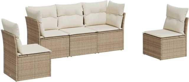 vidaXL 5-tlg Garten-Sofagarnitur L-Shape in Beige und Cremeweiß aus PE-Rattan mit Sitzkissen und Rückenkissen sowie Stauraum - Bild 1