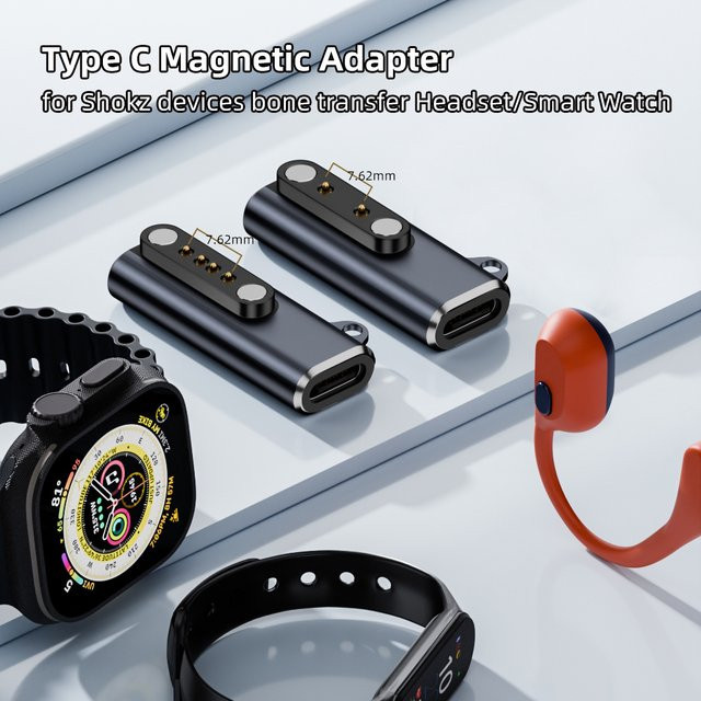 Geris Power Magnetischer Ladeadapter USB-C auf 7,62mm 2/4 Pin Konverter für Knochenleitungs-Kopfhörer und Smartwatches in Schwarz - Bild 1