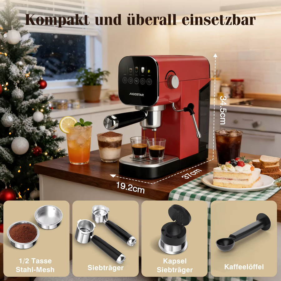 Aigostar Espresso Siebträgermaschine in Rot aus Edelstahl mit 20 Bar Druck, Digitalem Touchpanel, Milchaufschäumer und 0,9 l Wassertank, kompatibel mit Kapseln und gemahlenem Kaffee - Bild 6