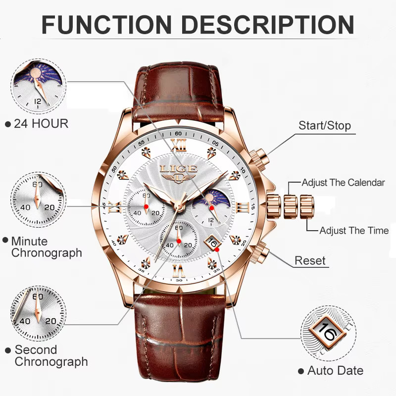 LIGE Armbanduhr Chronograph, Quarz, Leder, Blau, Roségold, Herren - Bild 3