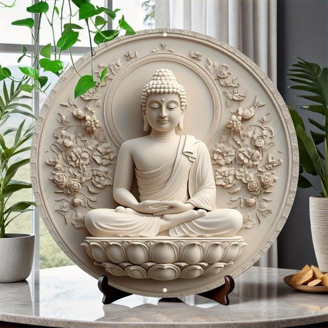 HELLOYOUNG Runde Metallwandkunst mit Buddha-Blumenmuster in Beige, Durchmesser: 20,32 cm - Bild 1