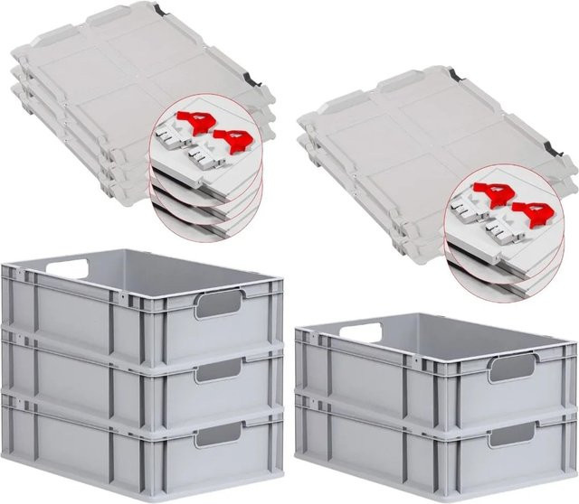 PROREGAL Spar Set 5x Eurobox Nextgen Economy mit Scharnierdeckel und roten Schiebeschnappverschlüssen, Grau/Rot, H x B x T: 17 x 40 x 60 cm - Bild 1